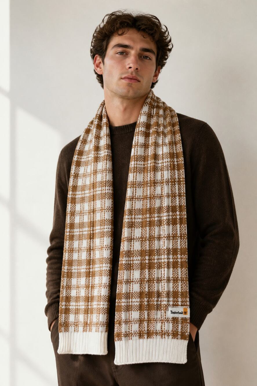 Timberland Brown White Plaid Knit Scarf OS